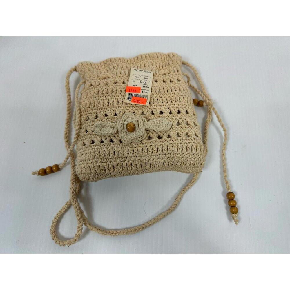 VTG Crocheted Macrame Boho Crossbody Bag Purse Braided Strap Lined‎ Fringe NWT - Picture 2 of 11